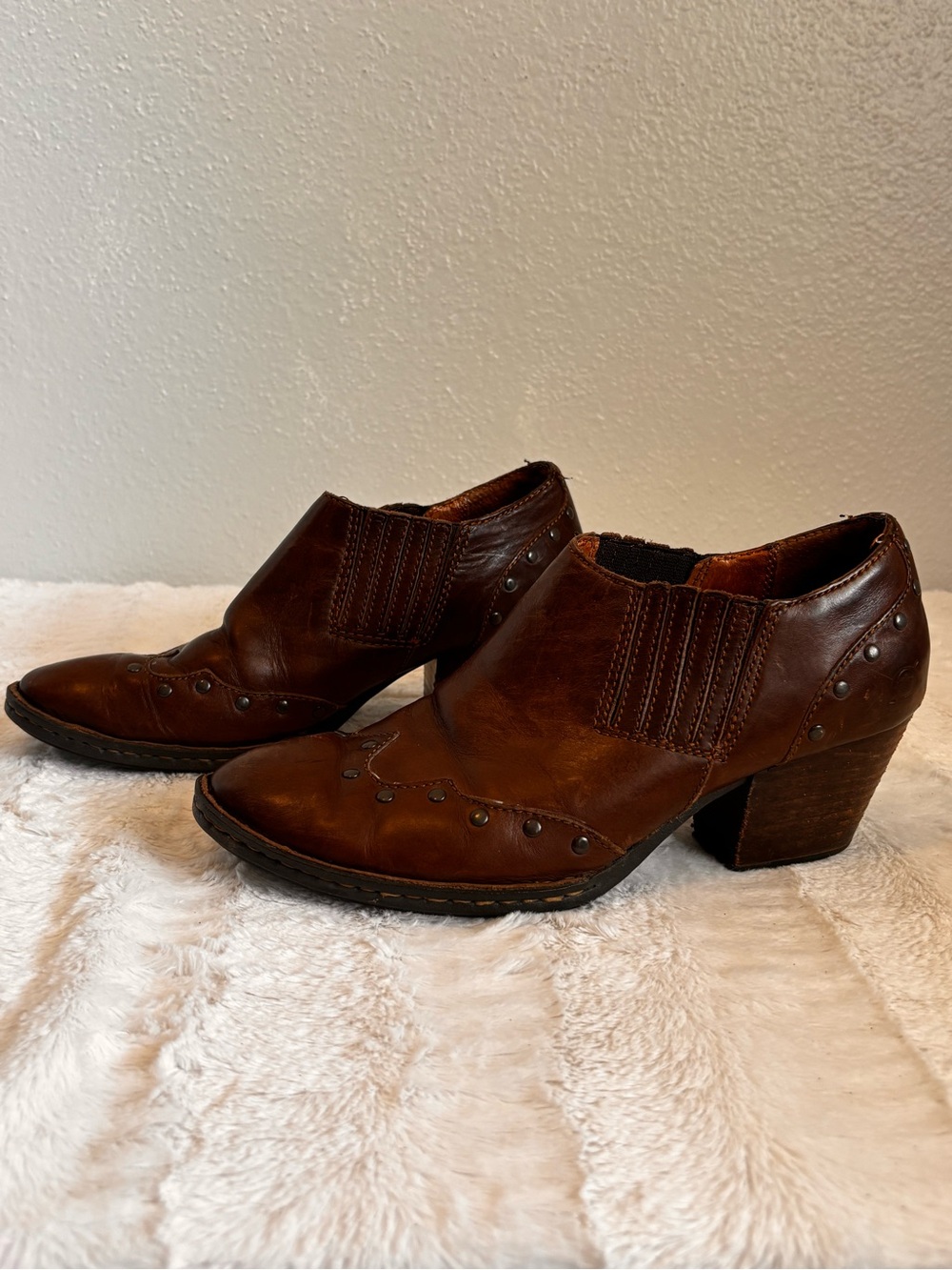 BORN Women's Brown Leather Studded Ankle Booties Boho Western Cottagecore